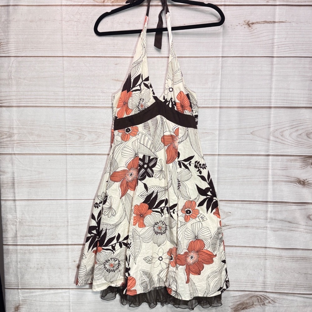 Trixxi Floral Halter Dress Orange Brown Cream Tulle Hem A-Line Summer Size 7‎